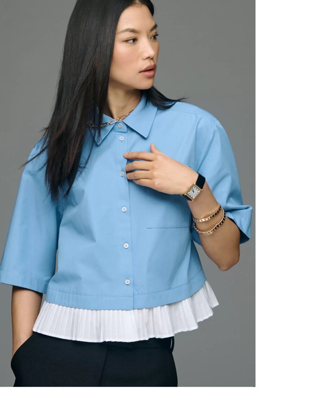 Anthropologie Light Blue Cropped Button-Up with White Pleated Hem